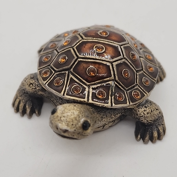Turtle Enamel Topaz Rhinestone Brass Hinged Pill Trinket Box Vintage Tortoise - Picture 2 of 13